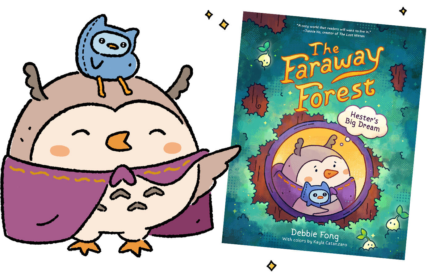 Hester and Pippin standing next to the book cover